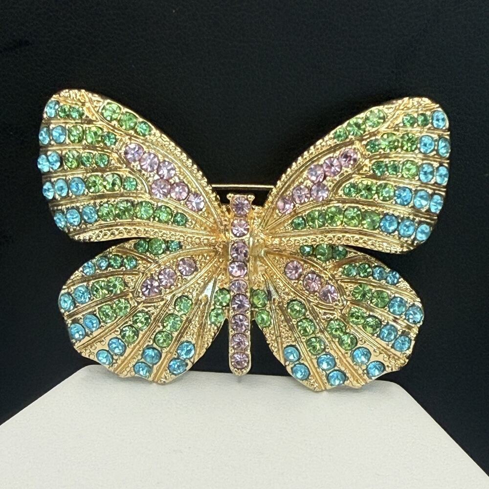 Monet Butterfly Pin Brooch Gold Tone Multi Color Pastel Rhinestones Vintage